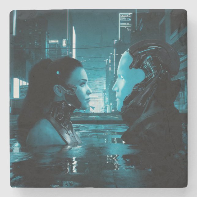 Posavasos De Piedra El Chica Cyberpunk Y El Android (Anverso)