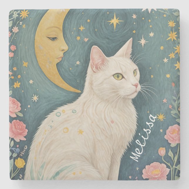 Posavasos De Piedra El encantador gato blanco con ojos verdes (Anverso)