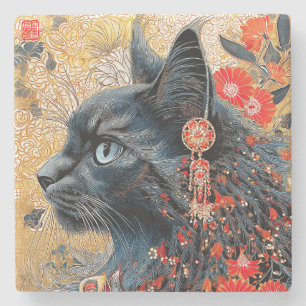 Posavasos De Piedra El gato zen   Ukiyo-e japonés vintage