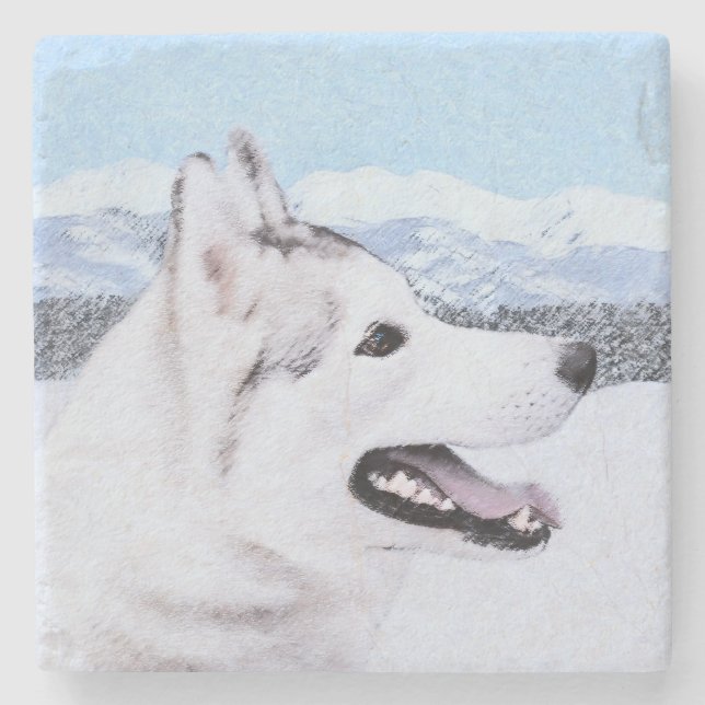 Posavasos De Piedra El Husky Siberiano (Plata y Blanco) Pintura de art (Anverso)