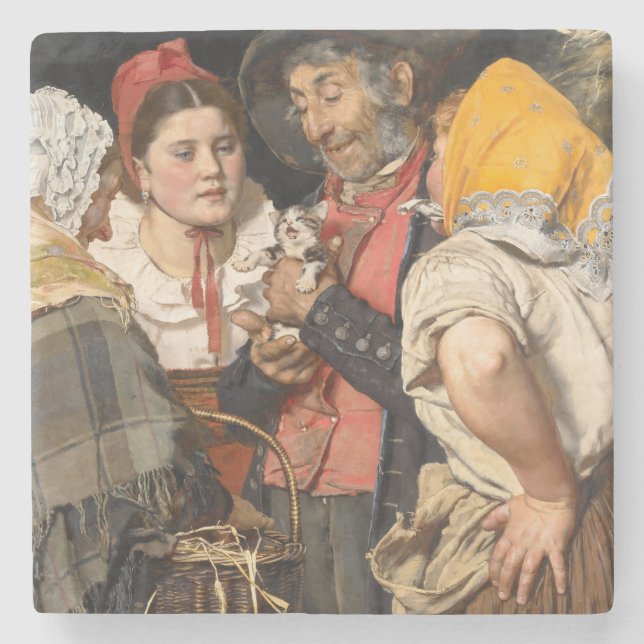 Posavasos De Piedra El tesoro del viejo (El gato) (de Karl Gussow) (Anverso)