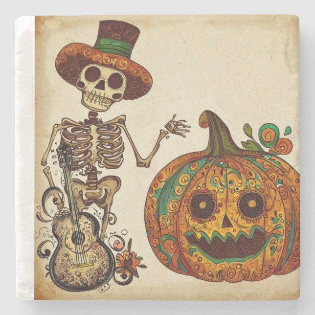Posavasos De Piedra El Viejo Skeleton/Día de la Calabaza de los Muerto (Anverso)
