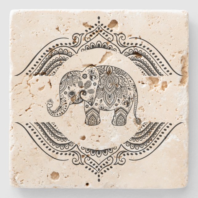 Posavasos De Piedra Elefante de paisley negra y encaje floral (Anverso)