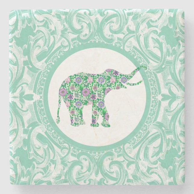 Posavasos De Piedra Elefante Floral Verde Y Púrpura (Anverso)
