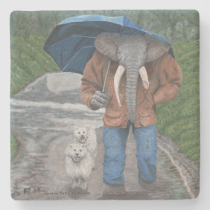 Posavasos De Piedra Elefante Hombre Perro Caminando Fantasía Art Stone