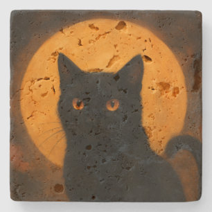Posavasos De Piedra Elegancia Espeluznante Halloween Gato Negro Luna d