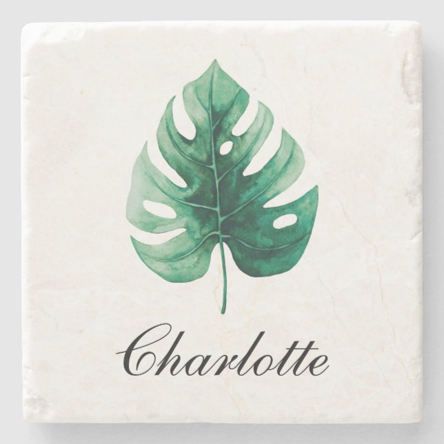 Posavasos De Piedra Elegancia moderna acuarela Planta Verde Monstera (Anverso)