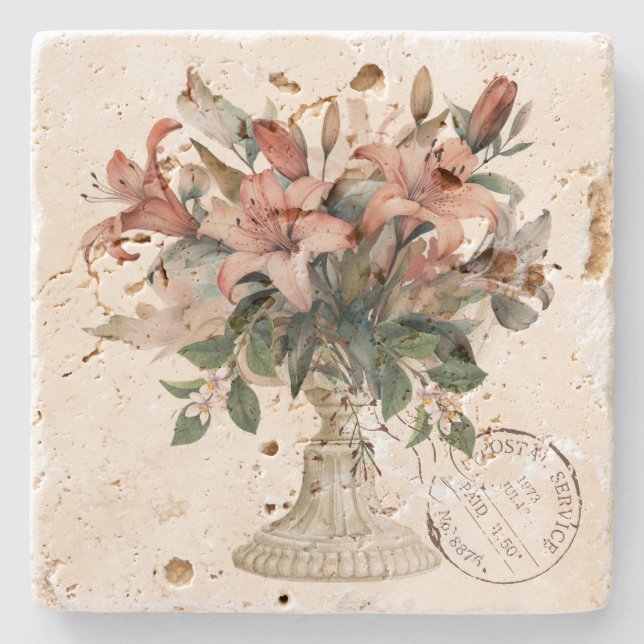 Posavasos De Piedra Elegant french watercolor flowers with stamp  (Anverso)