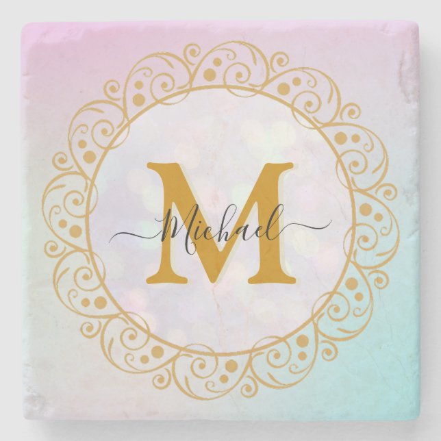 Posavasos De Piedra Elegant Gold Glitter Initial & Name (Anverso)