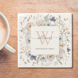 Posavasos De Piedra Elegant Monogram Pretty Beige Blue Flowers Floral