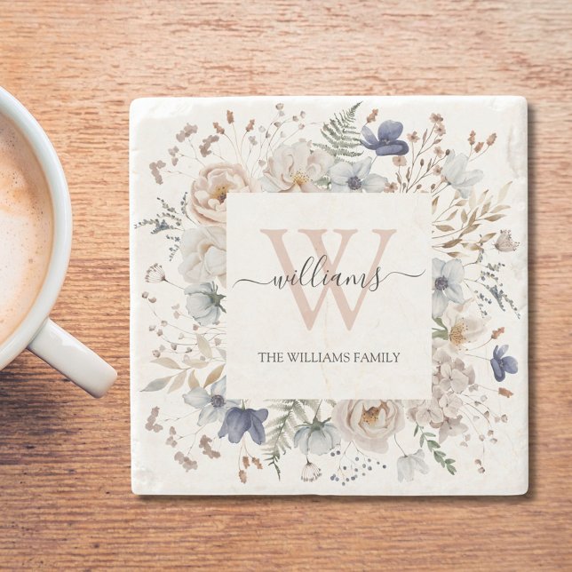Posavasos De Piedra Elegant Monogram Pretty Beige Blue Flowers Floral (In situ)