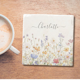 Posavasos De Piedra Elegant Monogram Watercolor Colorful Wildflower