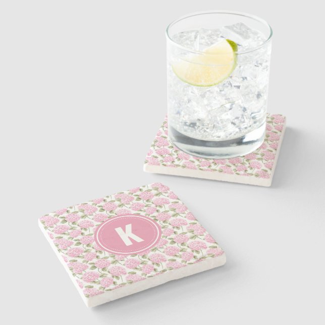 Posavasos De Piedra Elegant Pink Hydragea Flowers Pattern Monogram (Lateral)