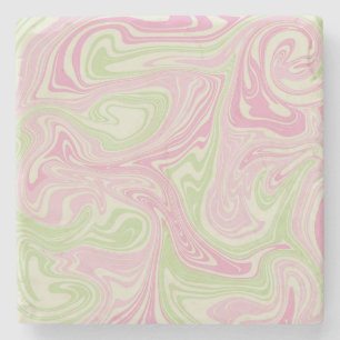 Posavasos De Piedra Elegante Abstracto Rosa Verde Mármol Retro Ondulad