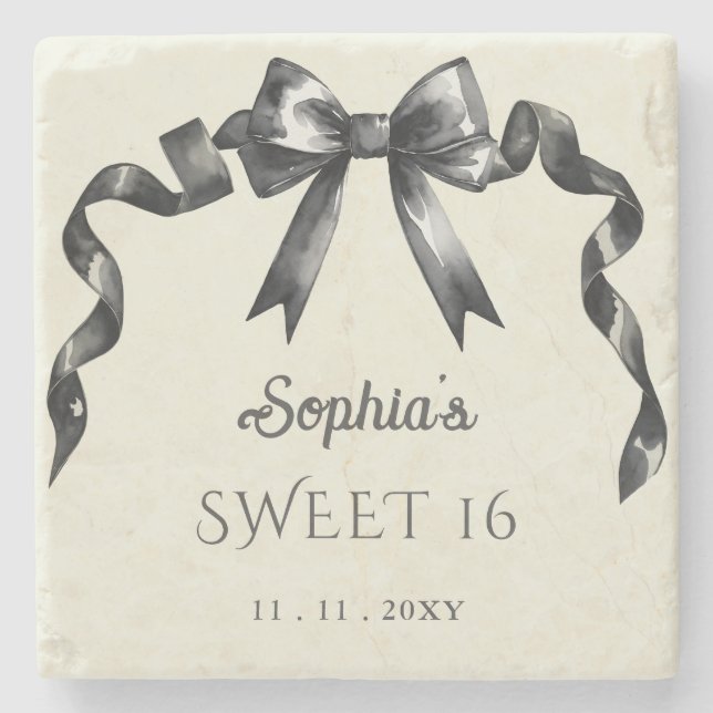 Posavasos De Piedra Elegante acuarela Coquette Black Bow Sweet 16 (Anverso)