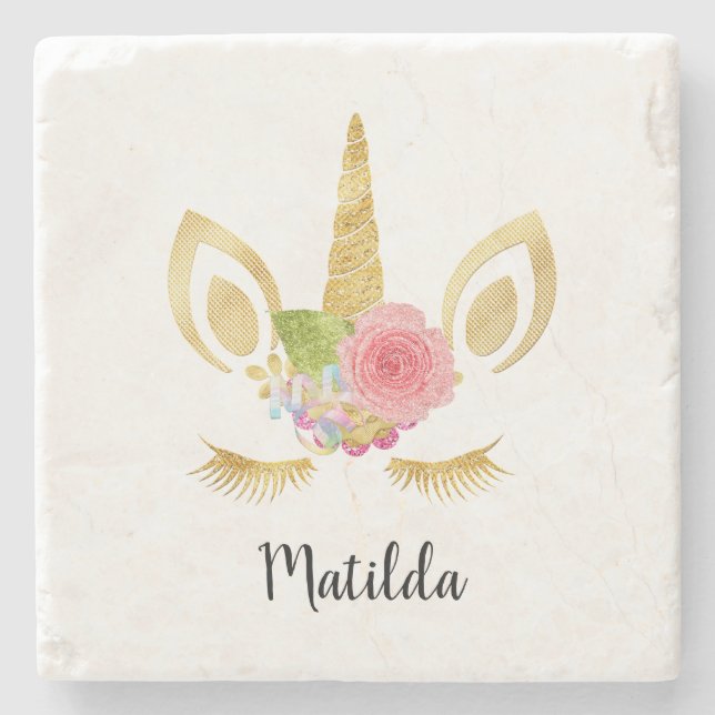 Posavasos De Piedra Elegante adorable bonito floral purpurina unicorni (Anverso)
