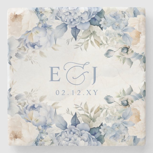 Posavasos De Piedra Elegante Boda Botánico Dusty Blue Floral (Anverso)
