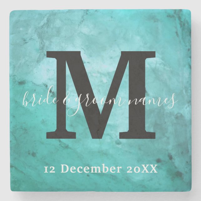 Posavasos De Piedra Elegante Boda de Monograma Blanco y Negro de Mármo (Anverso)