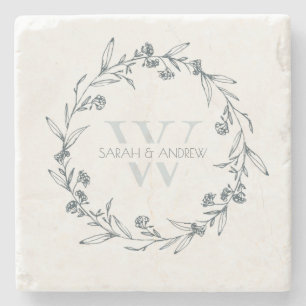 Posavasos De Piedra Elegante Boda de Monograma de Laurel Floral Wreath