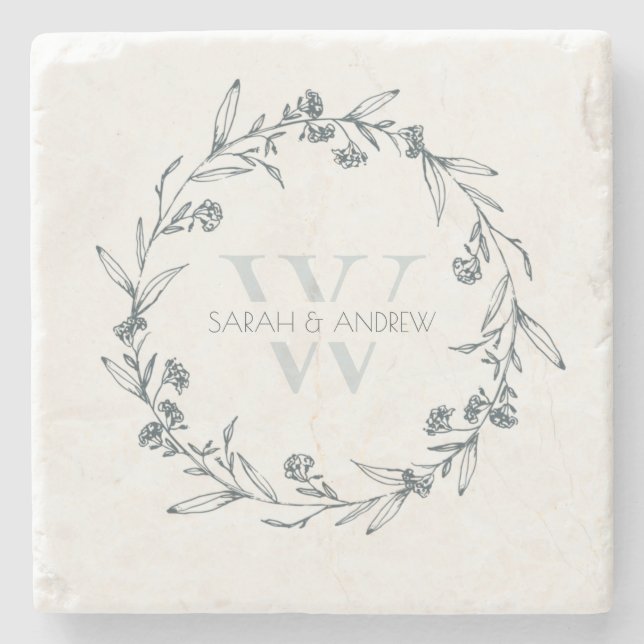 Posavasos De Piedra Elegante Boda de Monograma de Laurel Floral Wreath (Anverso)