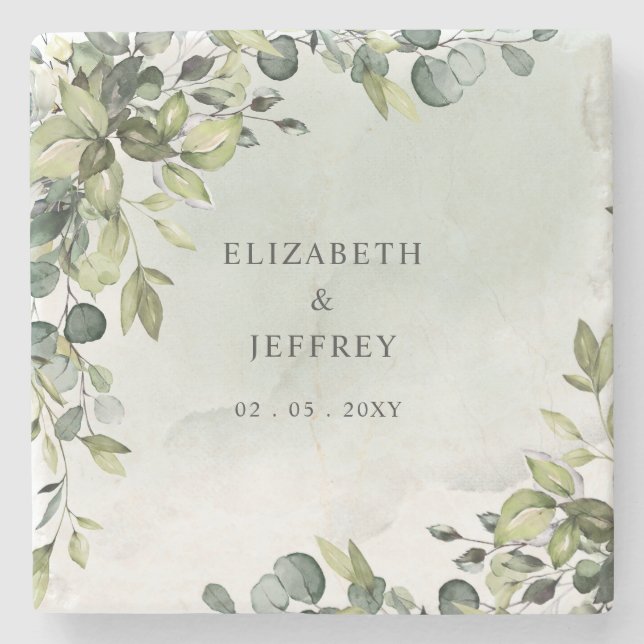 Posavasos De Piedra Elegante Boda del Boho Greenery Eucalyptus (Anverso)