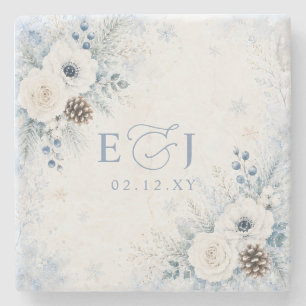 Posavasos De Piedra Elegante Boda Floral de Invierno en Azul Polvorien