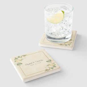 Posavasos De Piedra Elegante Boda Floral Rosa Medalla de Oro Metálico