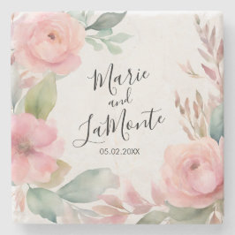 Posavasos De Piedra Elegante Boda floral rosa pastel acuarela