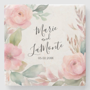 Posavasos De Piedra Elegante Boda floral rosa pastel acuarela
