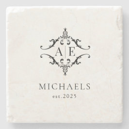 Posavasos De Piedra Elegante Boda Monograma Escudo blanco y negro
