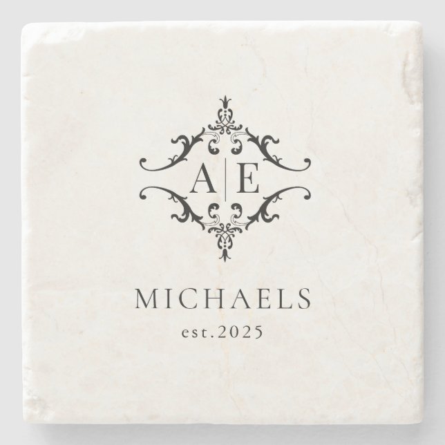 Posavasos De Piedra Elegante Boda Monograma Escudo blanco y negro (Anverso)