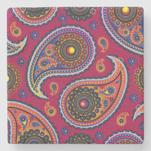 Posavasos De Piedra Elegante Burgundy Paisley y Patrón Mandala