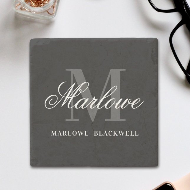 Posavasos De Piedra Elegante caligrafía de monograma gris negro (Subido por el creador)