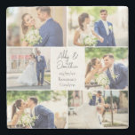 Posavasos De Piedra Elegante Collage de fotos de parejas recién casada<br><div class="desc">Esta hermosa pareja recién casada obsequia con una montaña rusa de piedra de sake con un diseño elegante de 6 fotos bodas sobre un fondo blanco con los nombres, ubicación y fecha de la pareja casada. Un maravilloso regalo de fotos conmemorativas para que tu esposa o esposo lo atesoren para...</div>
