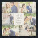 Posavasos De Piedra Elegante Collage de fotos de parejas recién casada<br><div class="desc">Esta hermosa pareja recién casada obsequia con una montaña rusa de piedra de sake con un diseño elegante de 6 fotos bodas sobre un fondo blanco con los nombres, ubicación y fecha de la pareja casada. Un maravilloso regalo de fotos conmemorativas para que tu esposa o esposo lo atesoren para...</div>