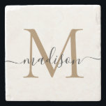 Posavasos De Piedra Elegante dorado Monograma negro Nombre de guión fe<br><div class="desc">Elegante Monograma negro dorado Nombre de guión femenino Monstruo de piedra</div>