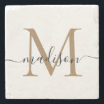 Posavasos De Piedra Elegante dorado Monograma negro Nombre de guión fe<br><div class="desc">Elegante Monograma negro dorado Nombre de guión femenino Monstruo de piedra</div>