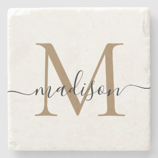 Posavasos De Piedra Elegante dorado Monograma negro Nombre de guión fe