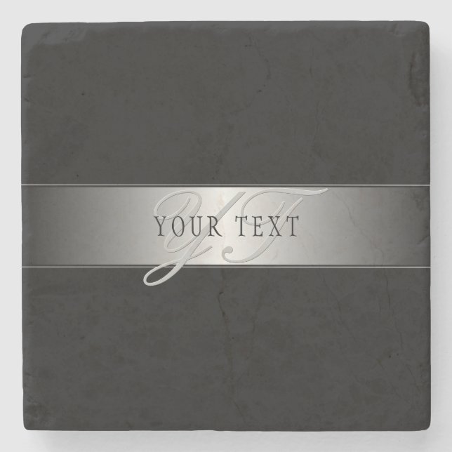 Posavasos De Piedra Elegante escritura de monograma editable | Negro (Anverso)