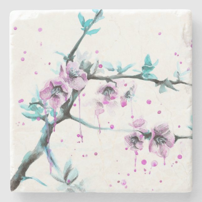 Posavasos De Piedra Elegante flor de primavera Arte acuarela floral ro (Anverso)