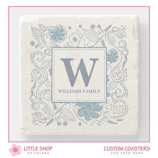 Posavasos De Piedra Elegante floral gris azul monogramado (Subido por el creador)