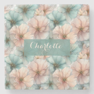 Posavasos De Piedra Elegante floral personalizada vintage rosa y verde
