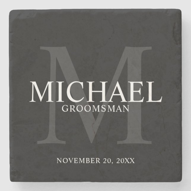 Posavasos De Piedra Elegante Groomsmen Negro Personalizado (Anverso)