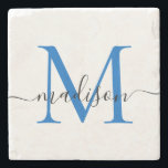 Posavasos De Piedra Elegante guión de monograma personalizado de la ma<br><div class="desc">Elegante guión azul de la marina personalizada Nombre elegante montaña rusa de piedra</div>