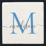 Posavasos De Piedra Elegante guión de monograma personalizado de la ma<br><div class="desc">Elegante guión azul de la marina personalizada Nombre elegante montaña rusa de piedra</div>