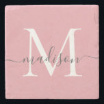Posavasos De Piedra Elegante guión femenino de monograma gris rosa Rub<br><div class="desc">Elegante Rubor Gris Rosa Monograma Femenino Nombre De Guión Piedra</div>