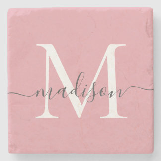 Posavasos De Piedra Elegante guión femenino de monograma gris rosa Rub