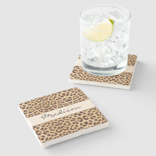 Posavasos De Piedra Elegante Leopard Print Black Brown Script Name