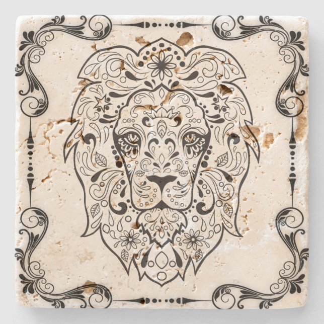 Posavasos De Piedra Elegante marco floral negro de león de cráneo de a (Anverso)