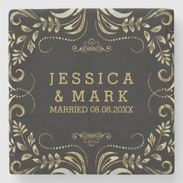 Posavasos De Piedra Elegante marco floral negro y dorado de Swirls Vin (Anverso)